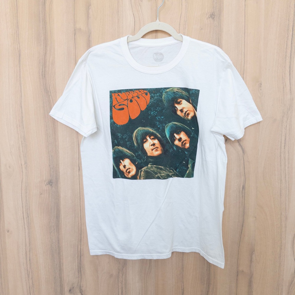 The Beatles Unisex T-Shirt Large White Rubber Soul Album Graphic Tee Band Retro